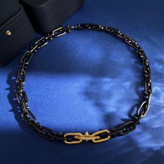 Black chain rivet spliced gold diamond studded chain necklace   83g  50cm