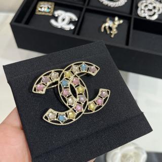 Colorful crystal star gold hollow double C brooch   19usd 